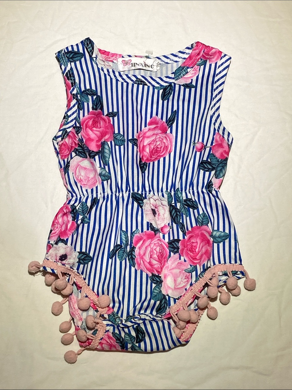 Girls Blue Stripe & Pink Floral Pom-Pom One-Piece